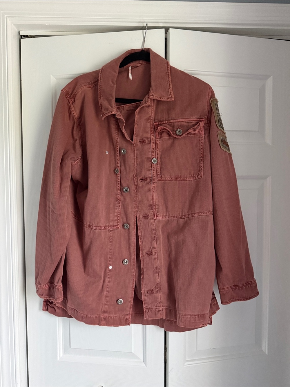 Free People Women’s Casual Rust Red Denim Button-Up Military Jacket